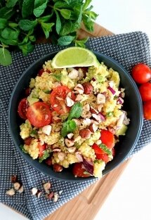 Taboulé de millet, sans gluten et vegan. Riche en glucides, lipides et fibres, pour un repas complet !